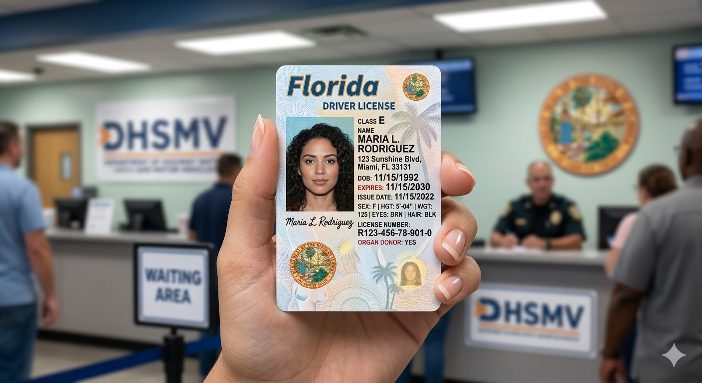 Florida driver's license with official background, representing new state regulations.