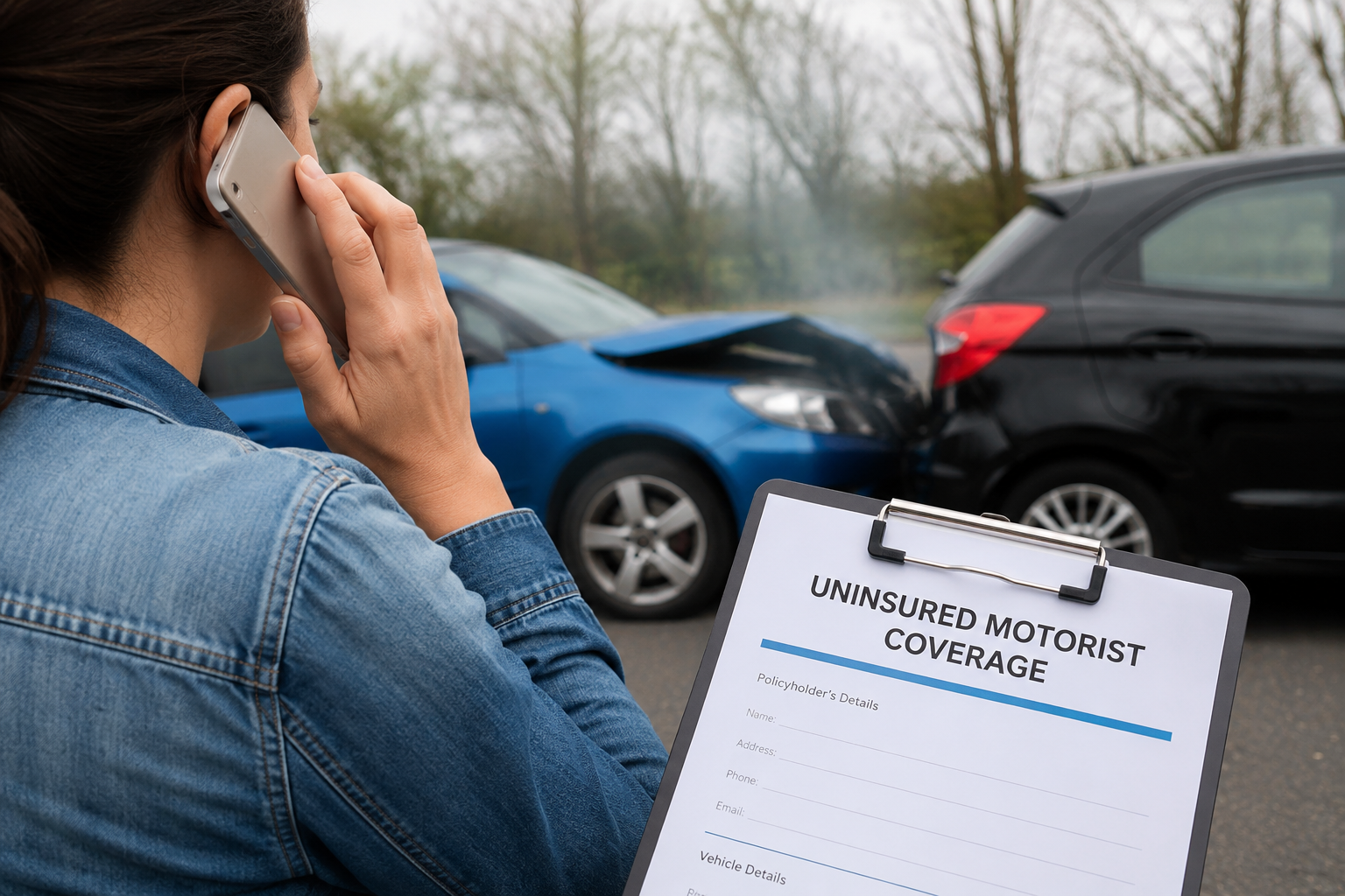 Driver calling insurance company after a car accident involving an uninsured motorist